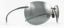 Image showing the Maui Jim MJ-421 Sugar Beach 02 Sunglasses. This is a Shiny black Rimless Aviator shaped frame in Plastic shown here at an angle.