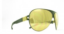Image showing the Mykita Bernhard Willhelm Limited Edition FRANZ 24k Black Sunglasses. This is a Black and Gold Full Rimmed Aviator shaped frame in Stainless Steel shown here at an angle.